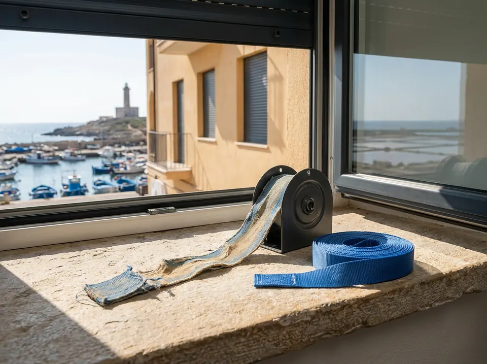 Cinta de persiana nueva y un recogedor sobre el alféizar de una ventana con vistas al puerto