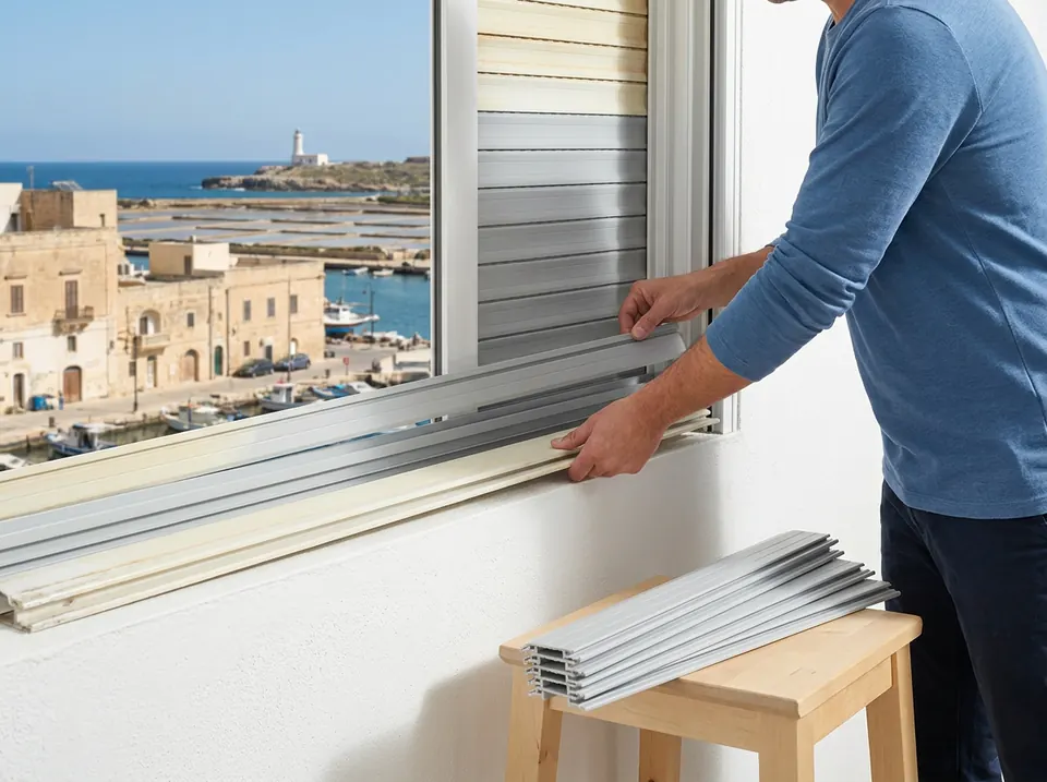 Persianista colocando lamas nuevas en una persiana enrollable de aluminio