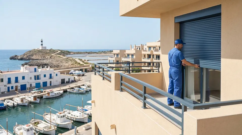 Persianista revisando una persiana enrollable en una terraza de Santa Pola, con el puerto y el faro al fondo