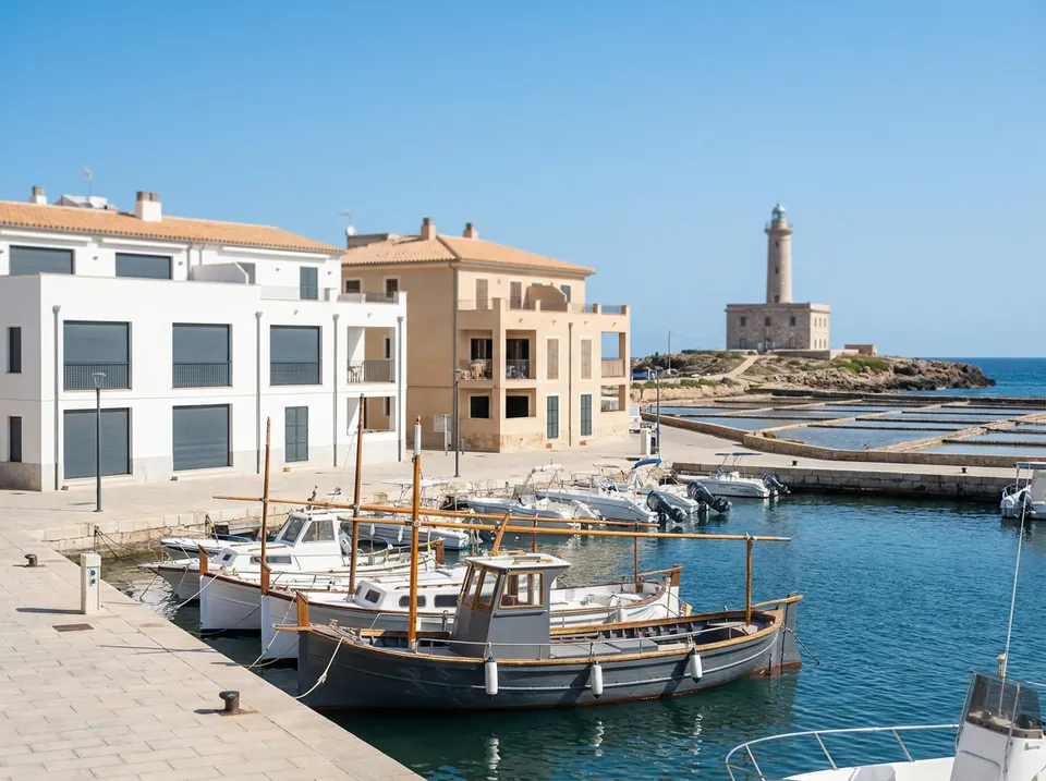 Puerto pesquero con barcas amarradas y un faro al fondo, en la costa de Santa Pola